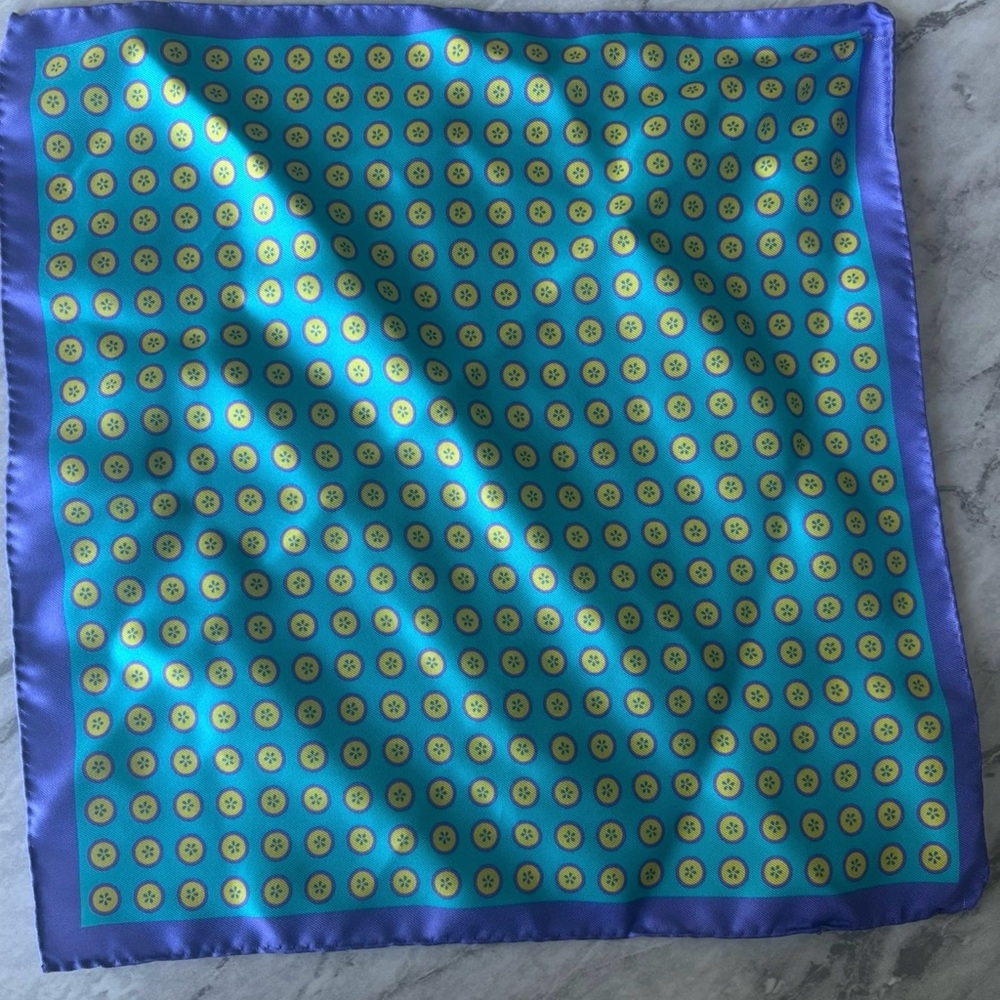 NWT TED BAKER Blue, Yellow and Multi Pattern Silk Pocket Square 10” x 10”